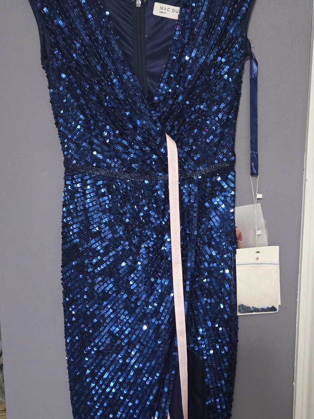 Mac Duggal Navy Blue Sequin V-Neck Gown 5777 NWT